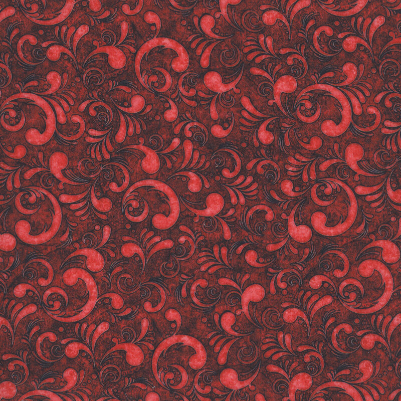 Textured deep red fabric with tonal swirls.