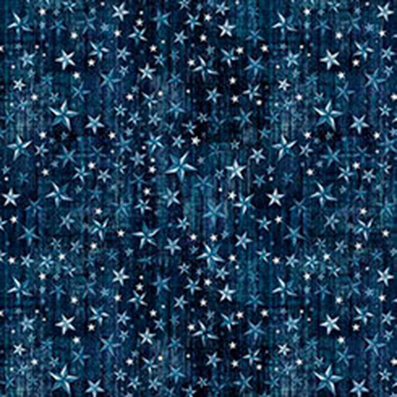 Wood textured navy blue fabric tossed with tonal stars.