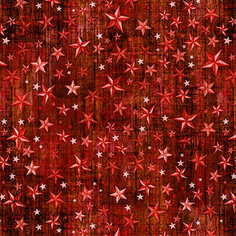 Wood textured deep red fabric tossed with tonal stars.
