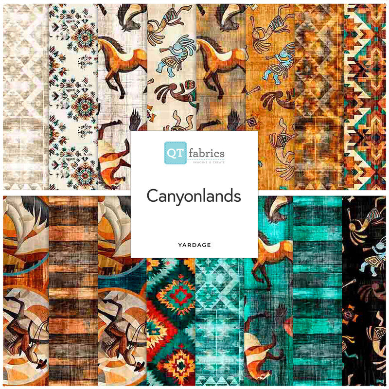 Collage of fabrics in the collection in tan, saddle brown, turquoise, and black with southwestern motifs including horses, native american-inspired geometric patterns, and kokopelli designs