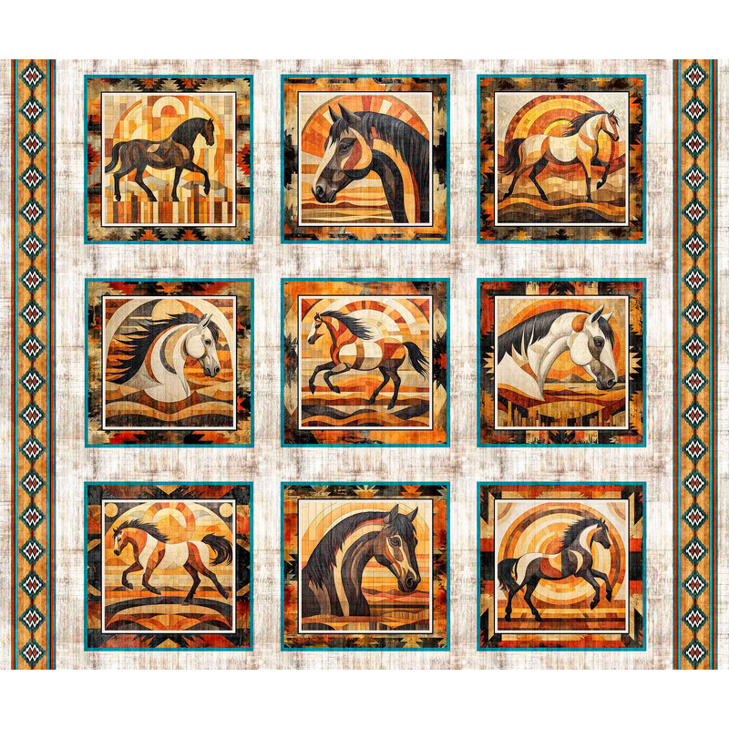 A sand-tan fabric panel with nine tiles each depicting a horse on a golden background, with a south western style border