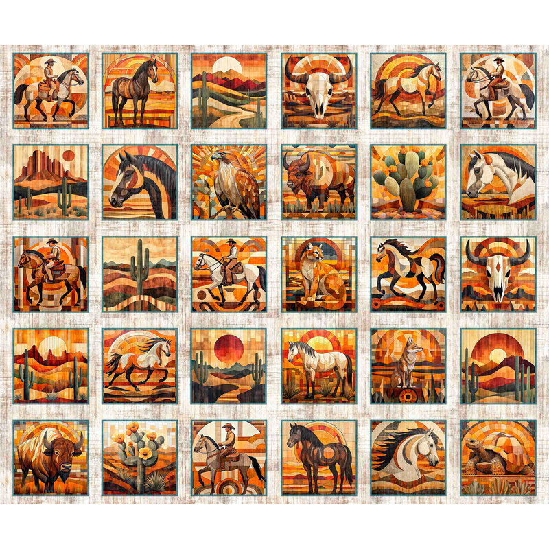 A textured, tan fabric panel with 30 tiles depicting various southwestern animals, cacti, and landscapes in golden tones.