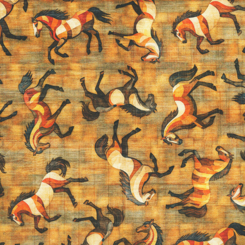 A tossed pattern of stylized horses on a mottled, textured saddle brown background