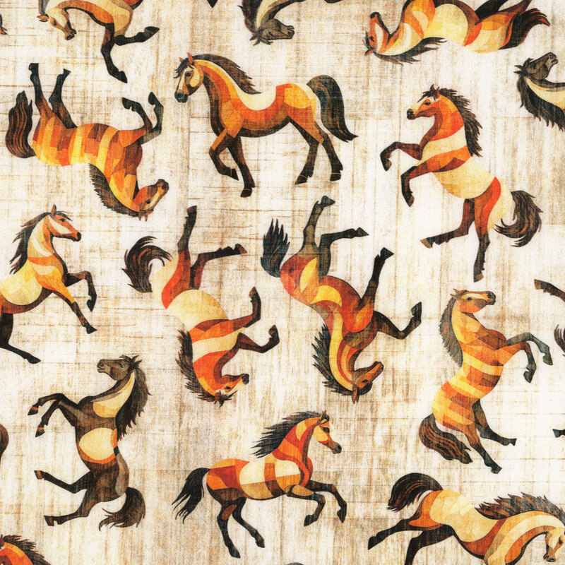 A tossed pattern of stylized horses on a mottled, textured cream background