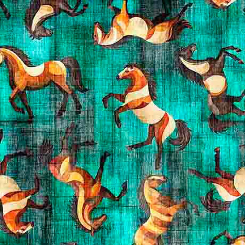 A tossed pattern of stylized horses on a mottled, textured turquoise background