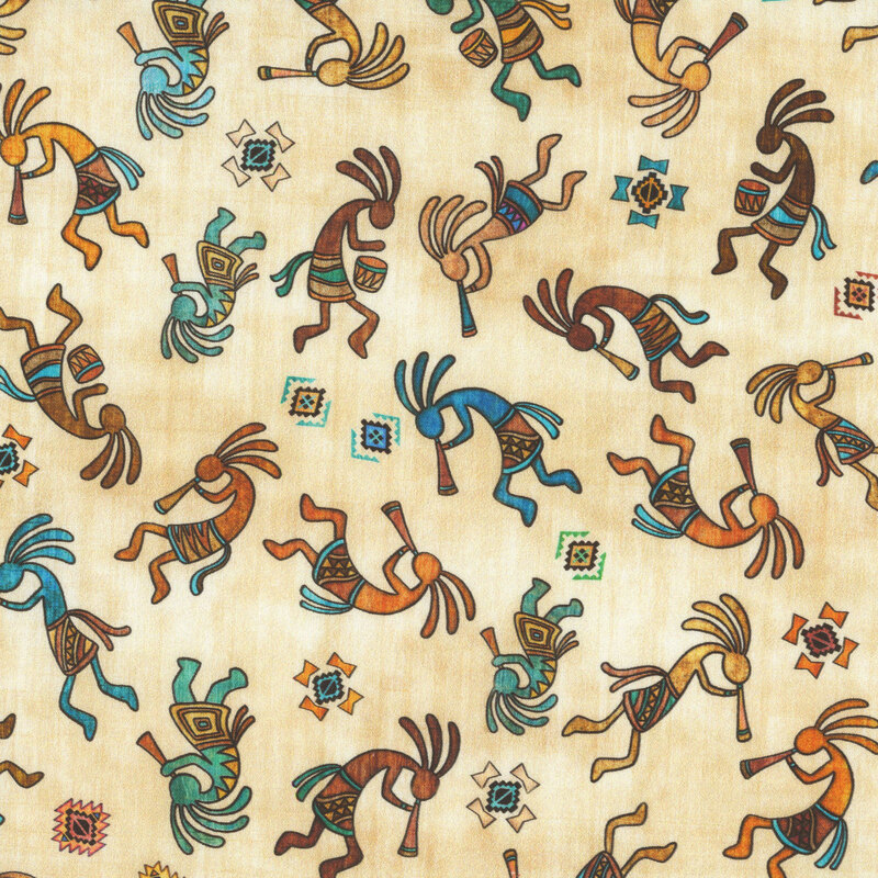 A tossed pattern of multicolored kokopelli figures and geometric motifs on a mottled white background