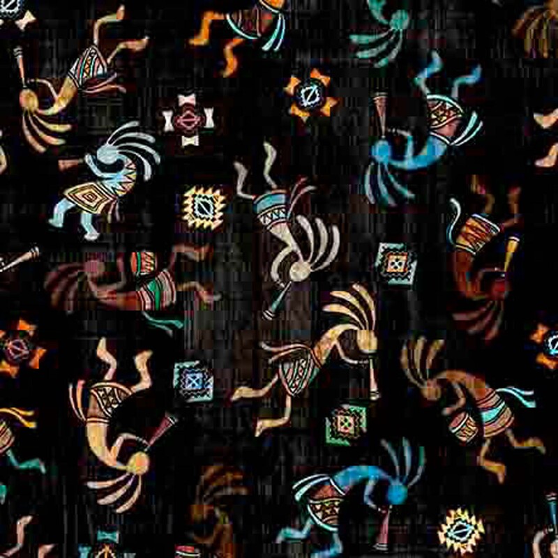 A tossed pattern of multicolored kokopelli figures and geometric motifs on a textured black background