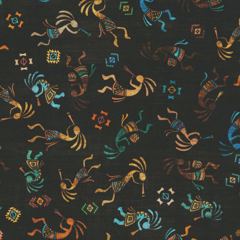 A tossed pattern of multicolored kokopelli figures and geometric motifs on a textured black background