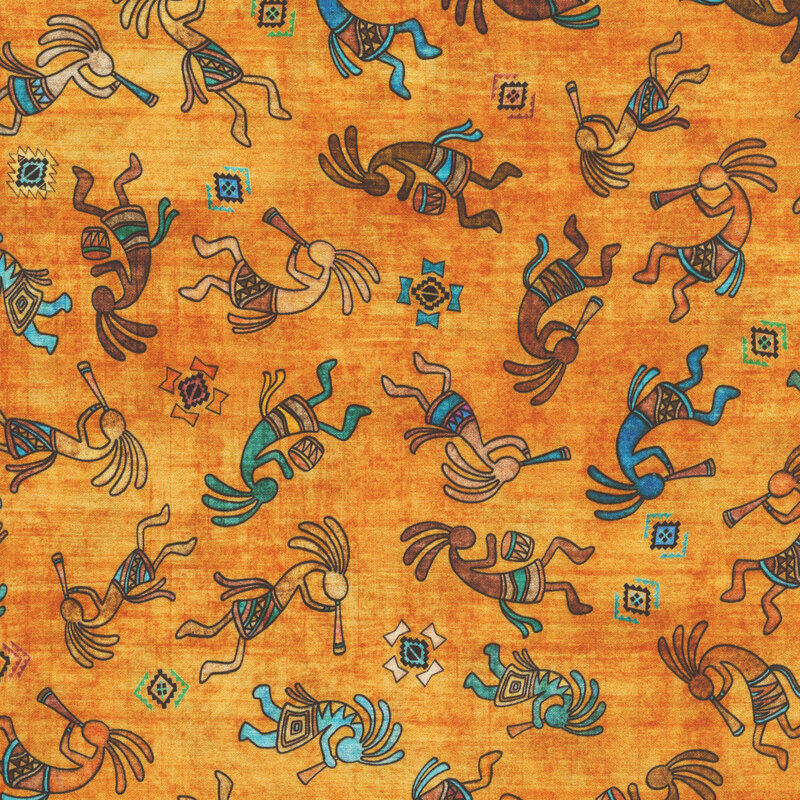 A tossed pattern of multicolored kokopelli figures and geometric motifs on a textured, mottled orange brown background