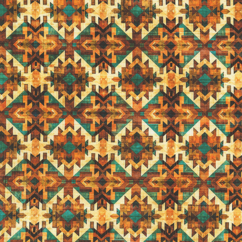 A native american-inspired geometric pattern in cream, saddle brown, and turquoise