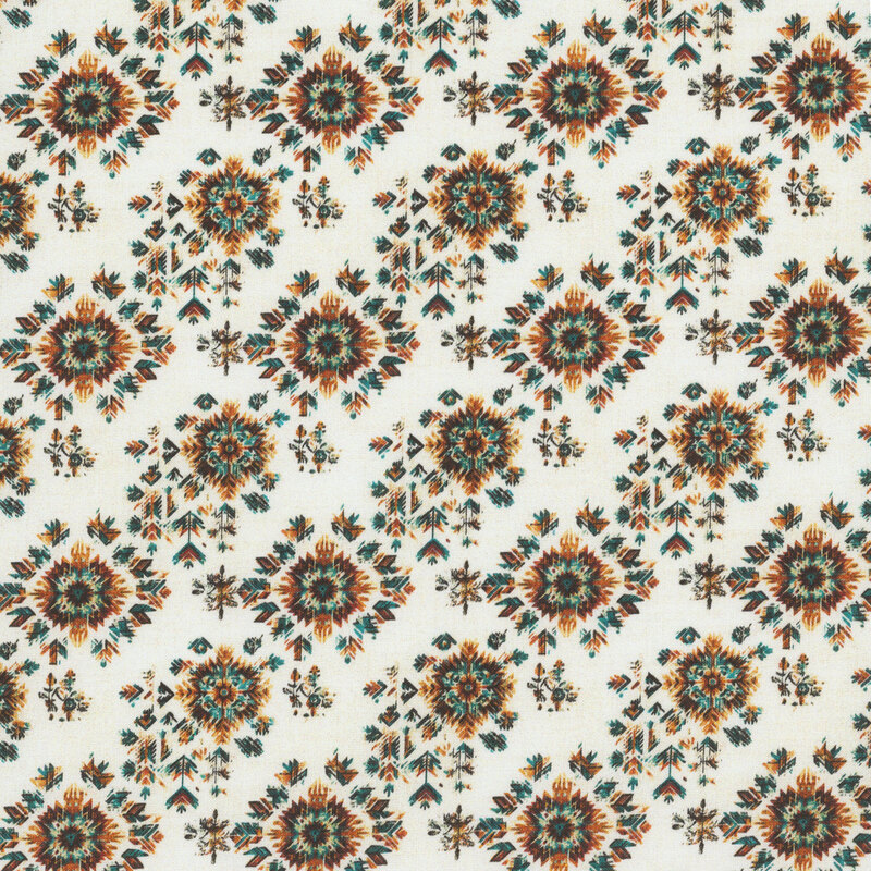 A multicolor native american-inspired geometric pattern on a cream background
