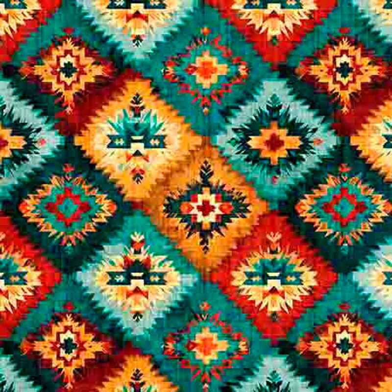 A native american-inspired geometric pattern in orange, gold, teal, and red