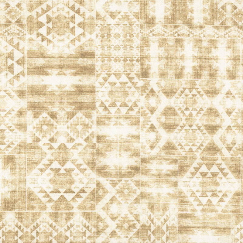 A textured native american-inspired geometric pattern in tonal cream and beige