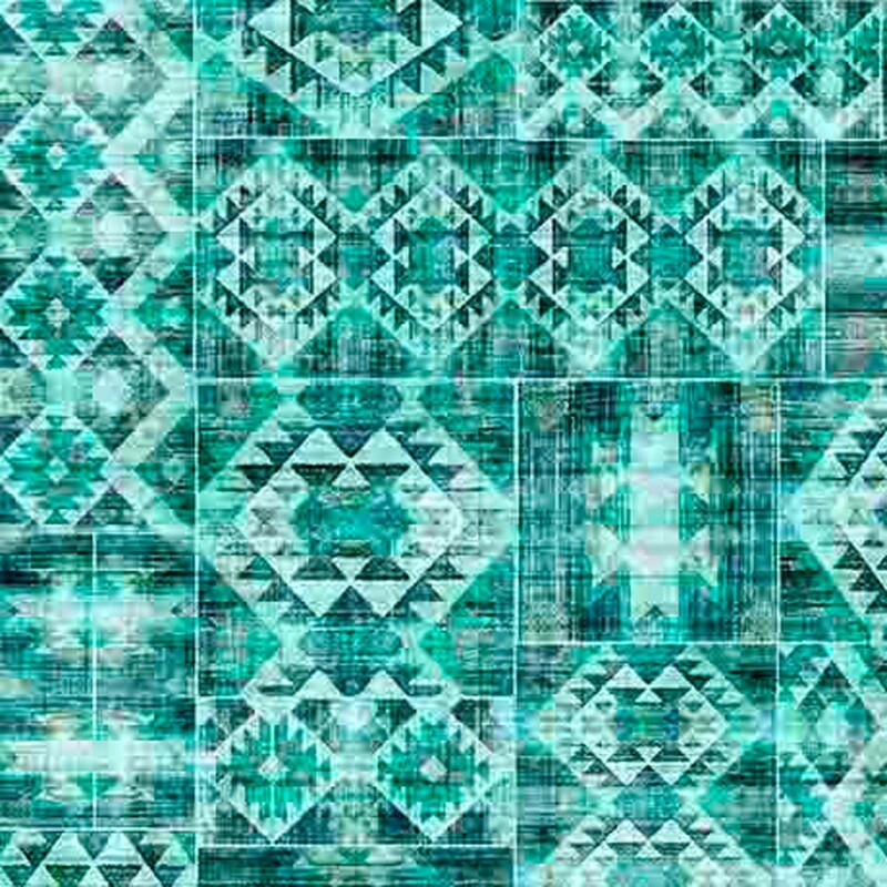 A textured native american-inspired geometric pattern in shades of turquoise
