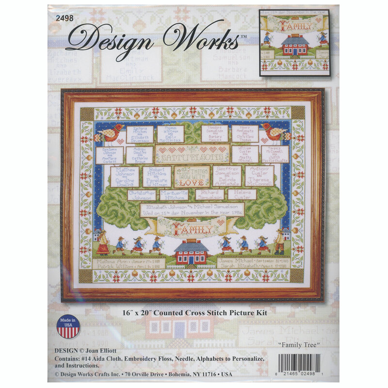Colorful cross-stitch design depicting the Family Tree design with floral borders inside a frame