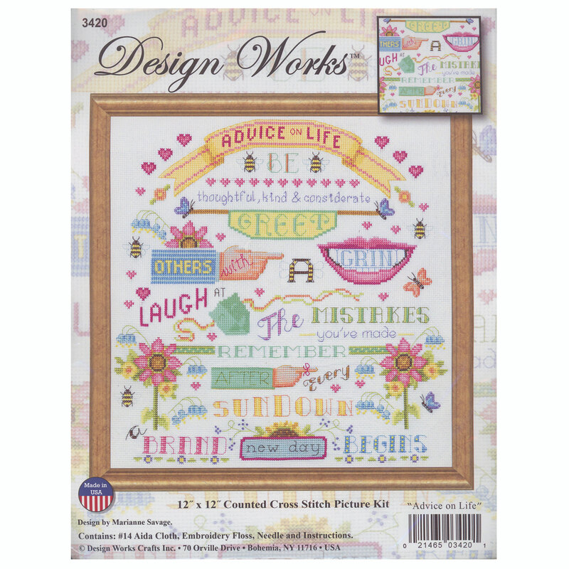 Colorful cross-stitch design depicting the Advice on Life design with inspiring phrases inside a frame