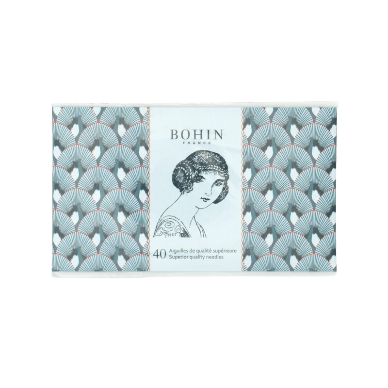 Pack of Bohin needles with floral design and a vintage-style illustration of a woman on the label.