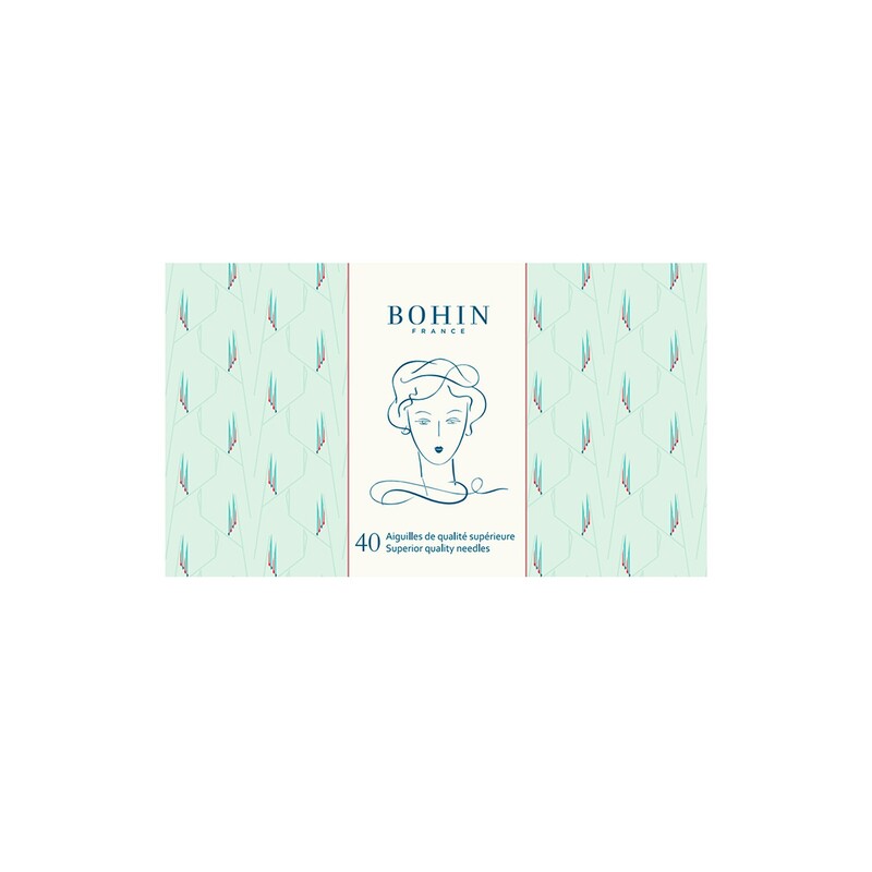 Pack of Bohin needles with floral design and a vintage-style illustration of a woman on the label.