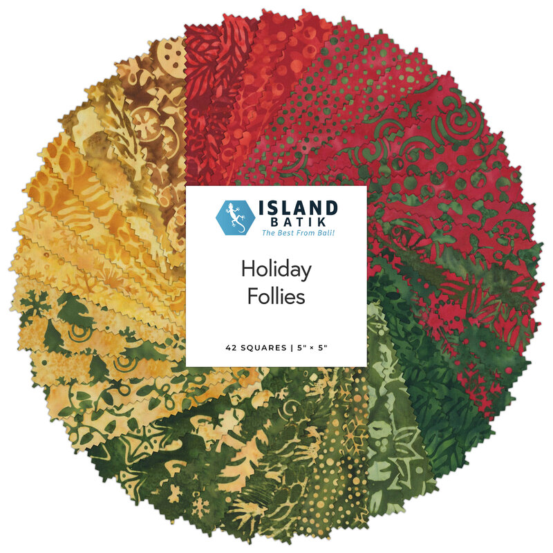 A spiral fabric collage featuring Christmas Batik fabric from the collection Holiday Follies.