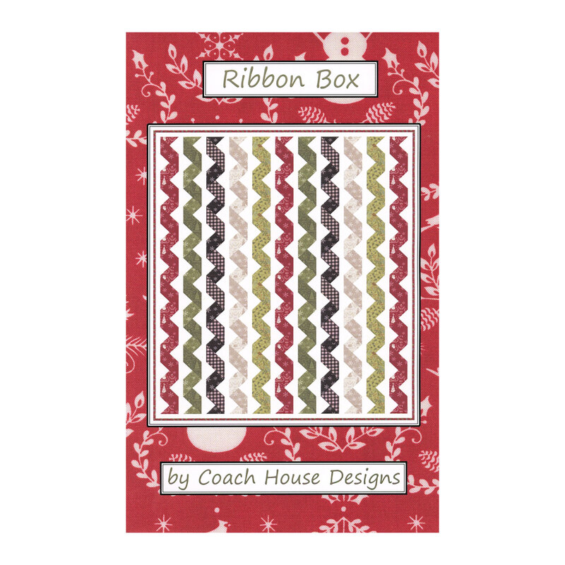 Front cover of the pattern featuring a digital mockup of the completed Ribbon Box quilt in Christmas colored fabrics from the Winter Friends collection by Moda Fabrics.