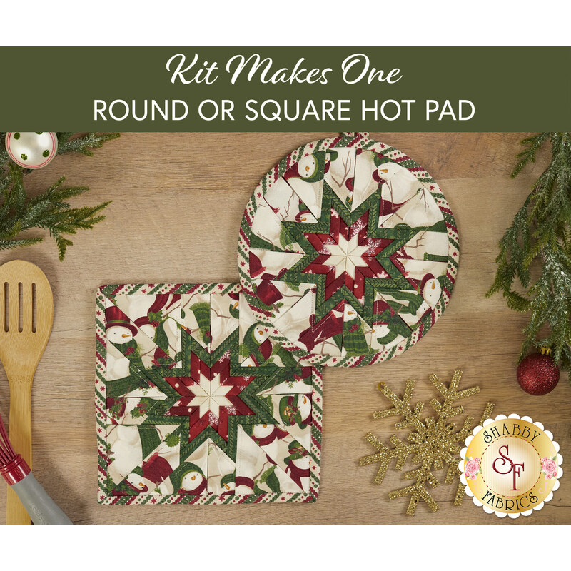 Image of a round and square hot pad with a festive star design in red, white, and green, surrounded by holiday decor.