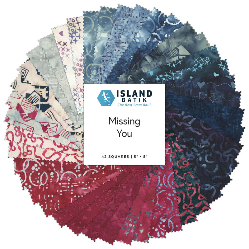 Circular collage of fabrics from the collection, in maroon, navy, ice blue, and off-white with letters and mail motifs