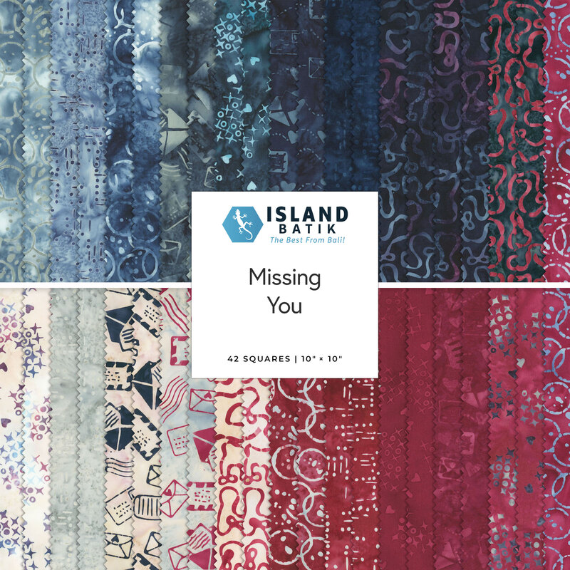 Collage of fabric swatches featured in this collection, in maroon, navy, ice blue, and off-white with letters and mail motifs