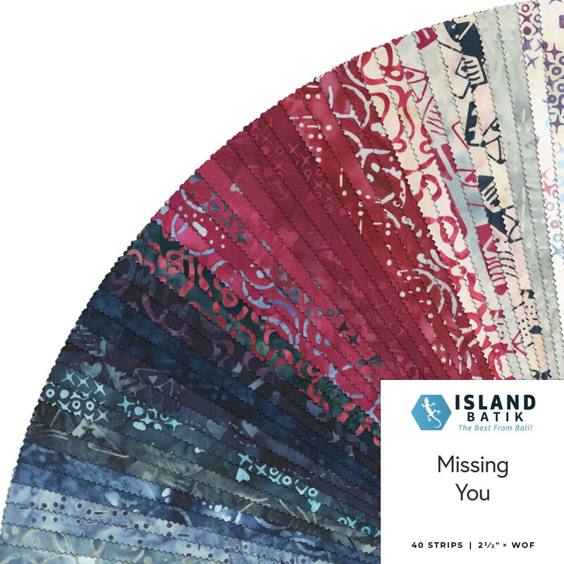 Fanned out collage of fabrics from the collection, in maroon, navy, ice blue, and off-white with letters and mail motifs