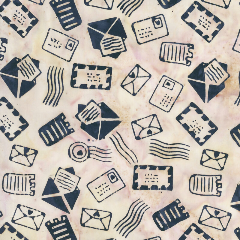 A tossed pattern of watercolor letters and mail in navy blue on a mottled tan background