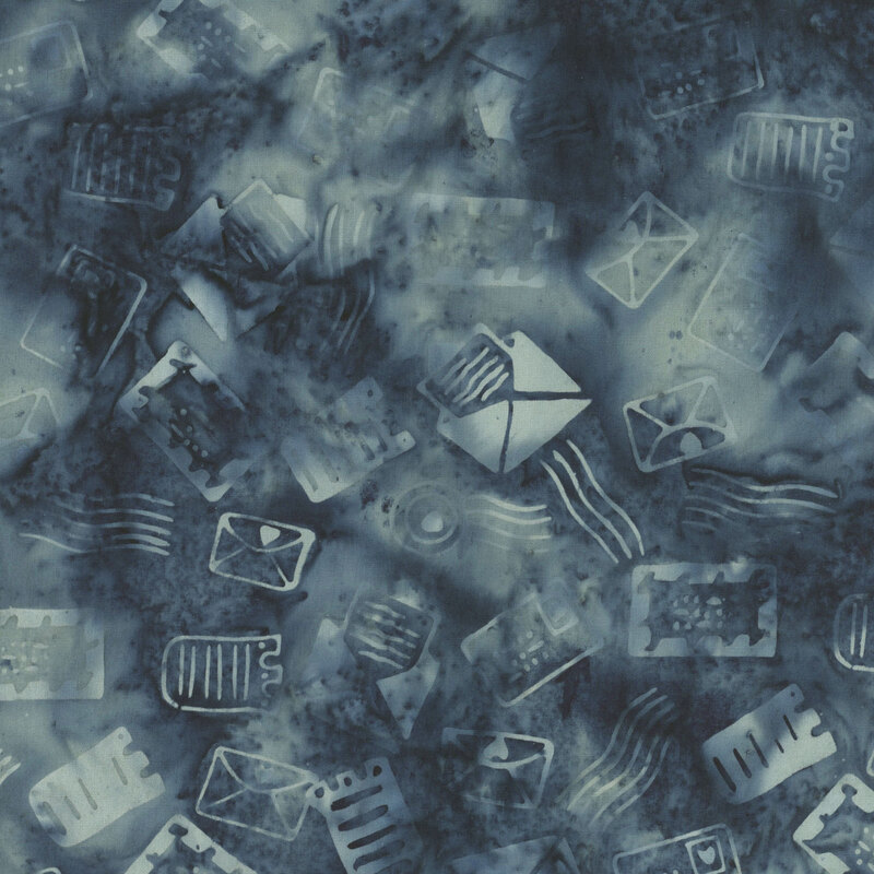 A tossed pattern of tonal watercolor letters and mail on a mottled indigo background