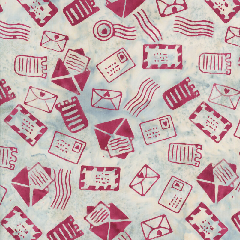 A tossed pattern of watercolor letters and mail in rose red on a mottled light blue background