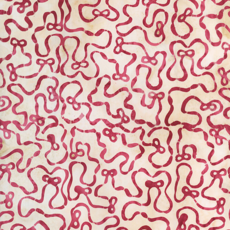 A wavy pattern of watercolor crimson bows on a mottled cream background