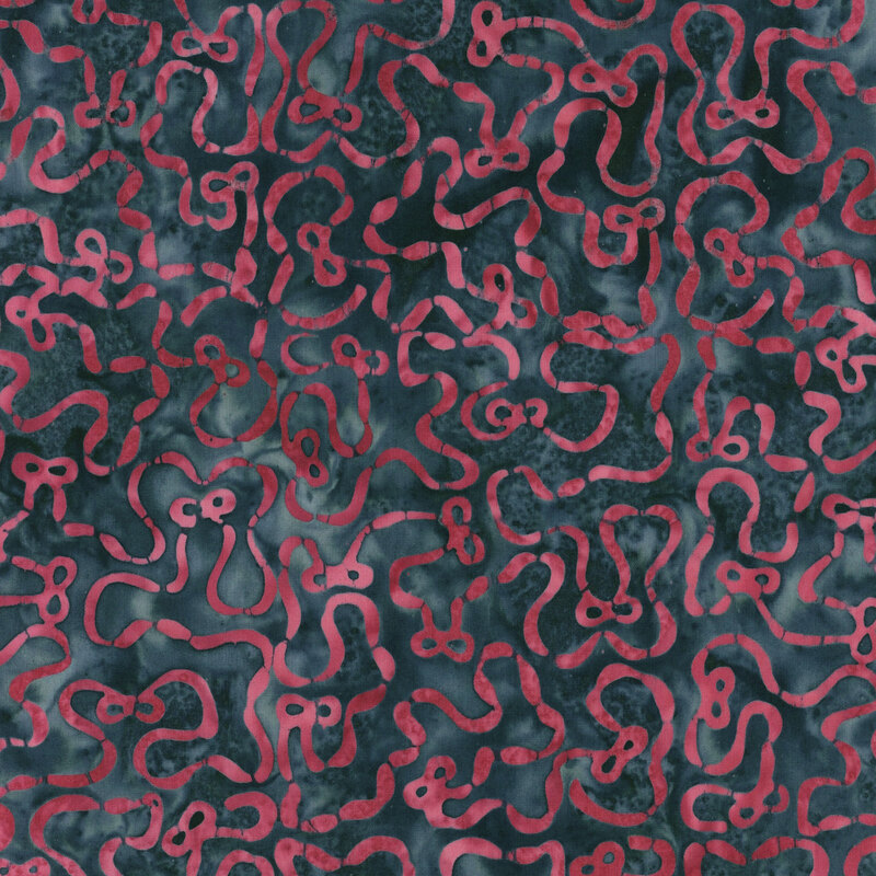 A wavy pattern of watercolor crimson bows on a mottled indigo background