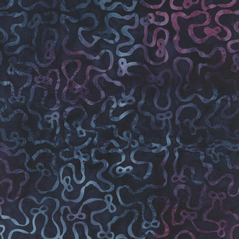A wavy pattern of watercolor bows in blue and purple on a mottled dark indigo background