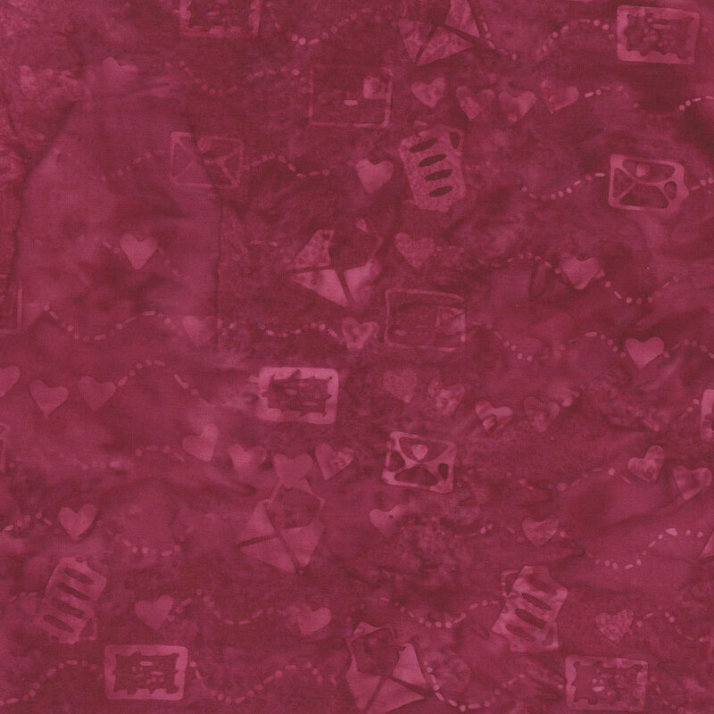 Rose red watercolor fabric with a tonal pattern of letters, hearts, and dotted lines