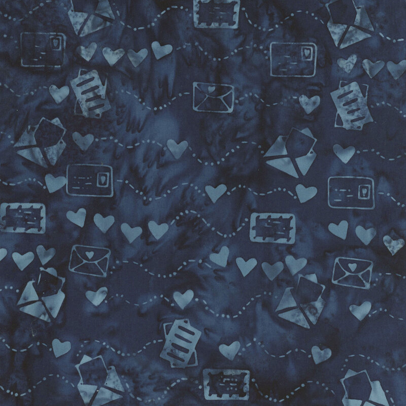 Indigo watercolor fabric with a tonal pattern of letters, hearts, and dotted lines