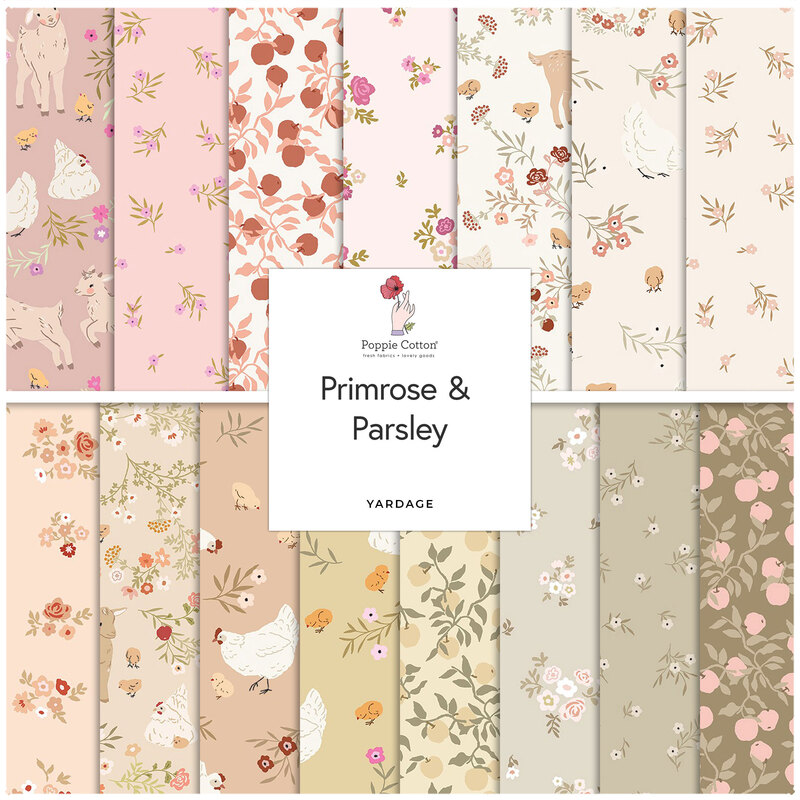 A collage of fabric swatches included in the Primrose & Parsley collection in rose, cream, sage with floral designs.