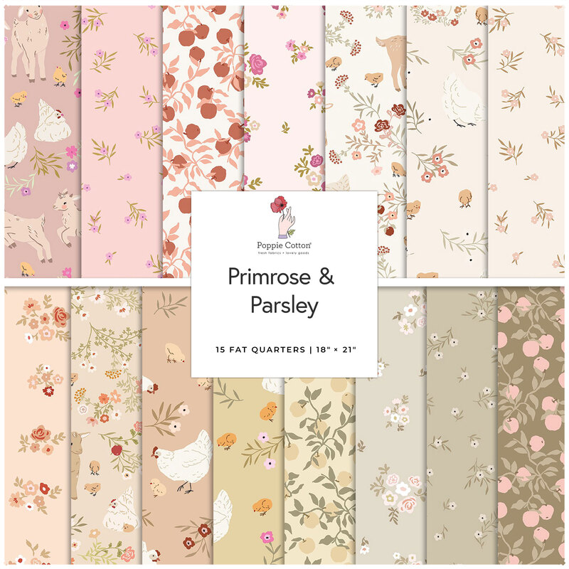 A collage of fabric swatches included in the Primrose & Parsley collection in rose, cream, sage with floral designs.