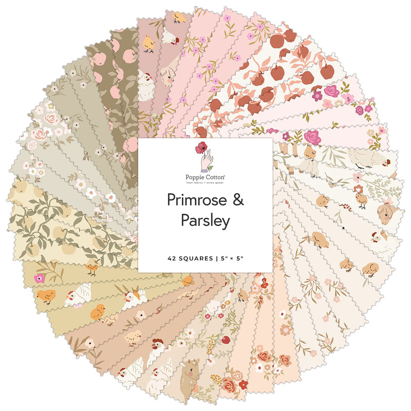 A collage of fabric swatches in rose, cream, and sage featuring florals and barnyard animals labeled Primrose & Parsley by Poppie Cotton.