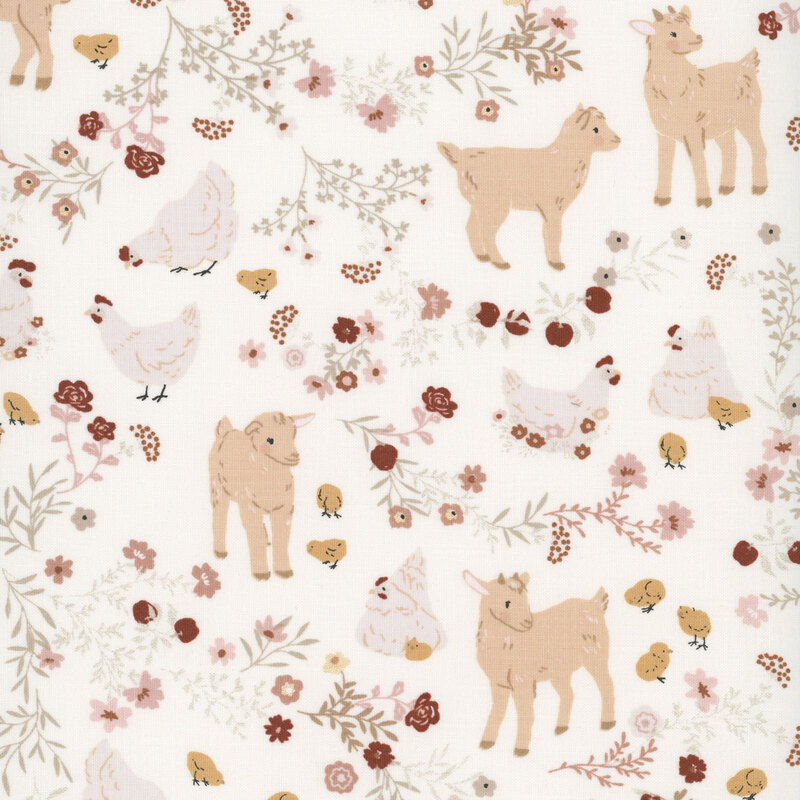 Goats, chickens, chicks, and flowers on a soft white background.