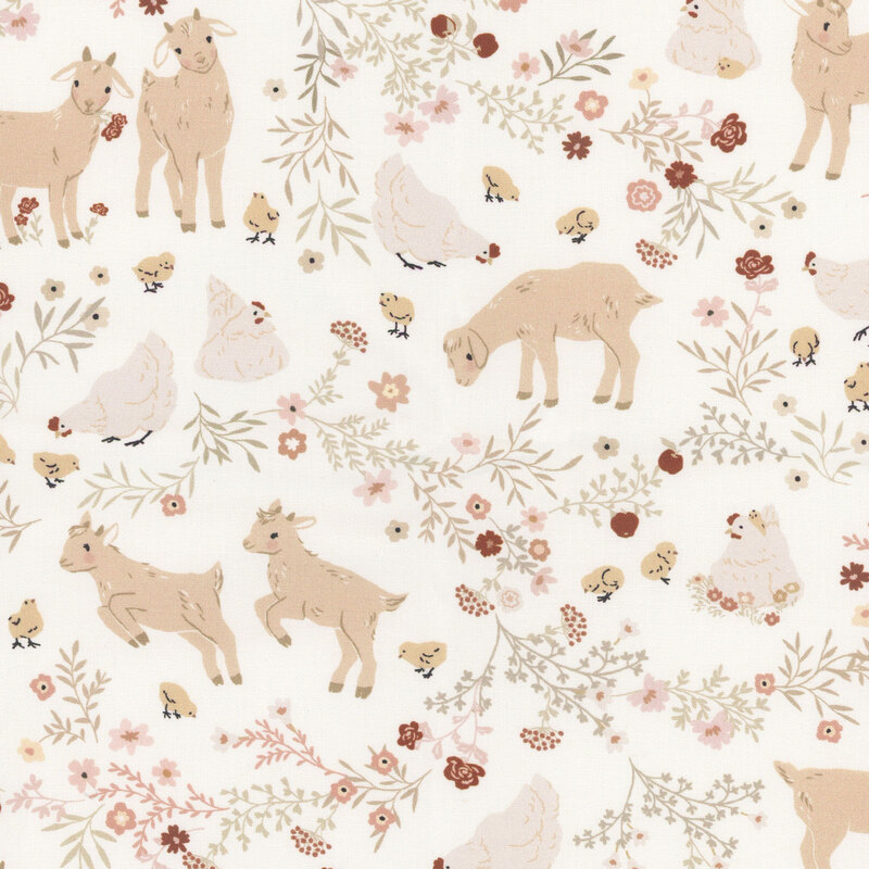 Goats, chickens, chicks, and flowers on a pale cream background.