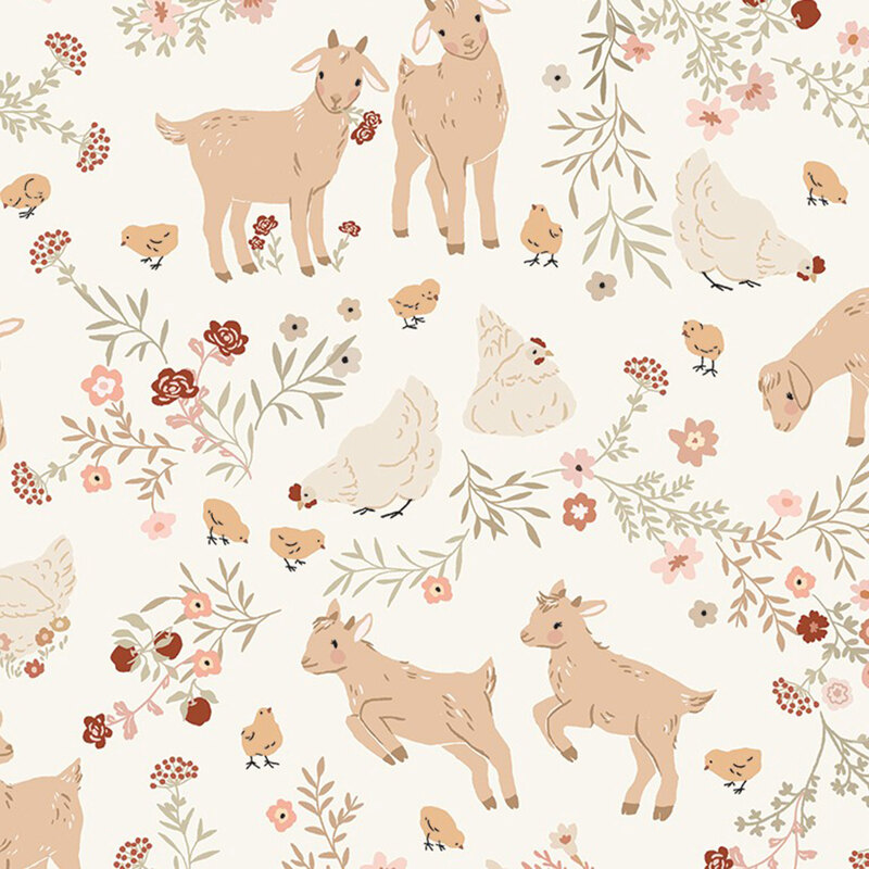 Goats, chickens, chicks, and flowers on a pale cream background.