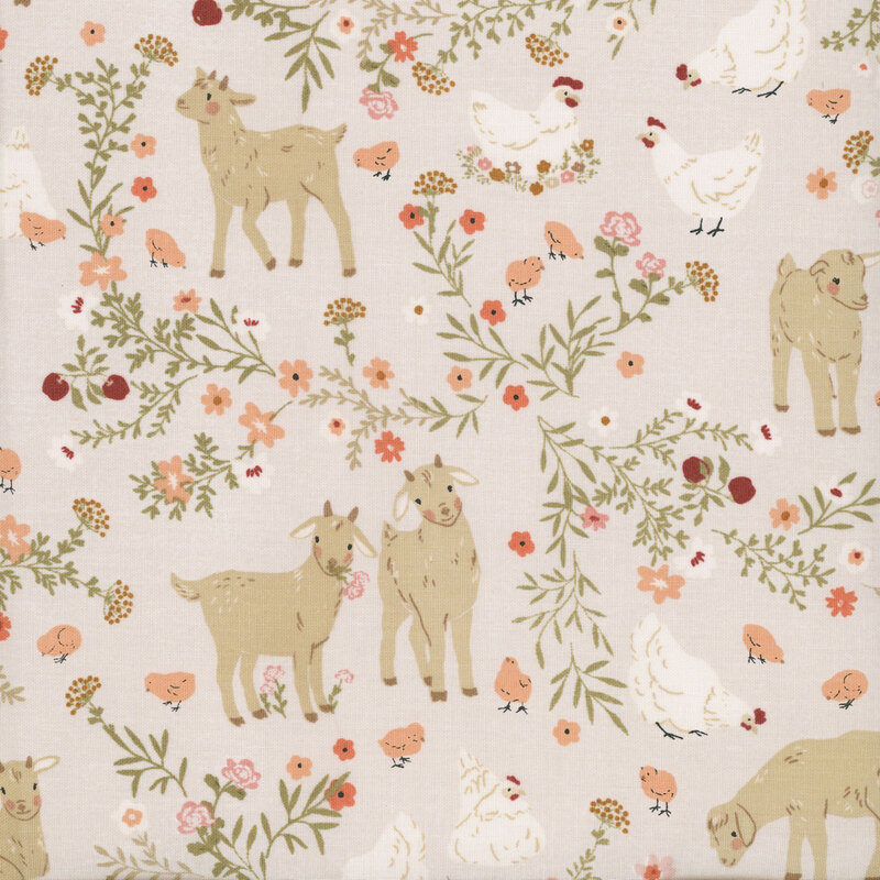 Goats, chickens, chicks, and flowers on a light beige background.