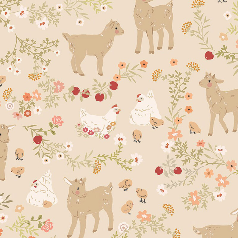 Goats, chickens, chicks, and flowers on a light brown background.