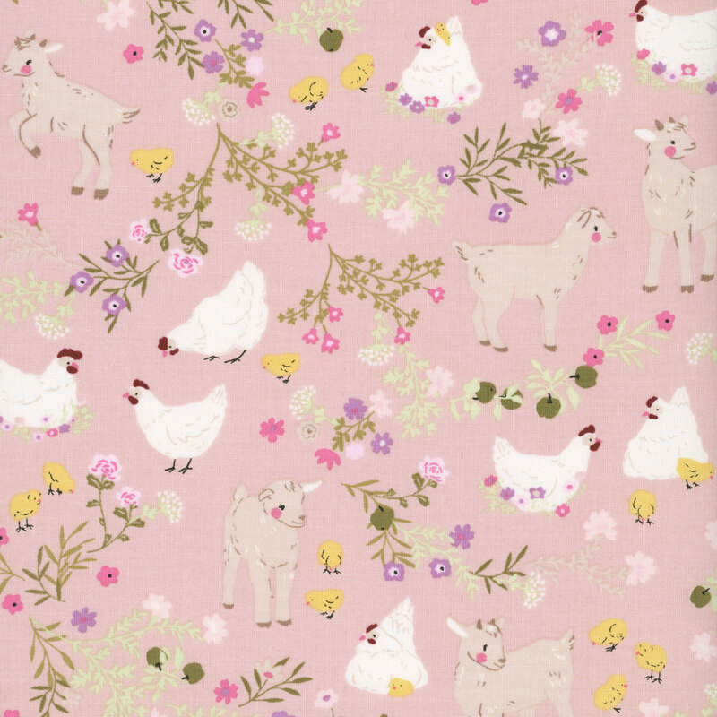 Goats, chickens, chicks, and flowers on a rose pink background.