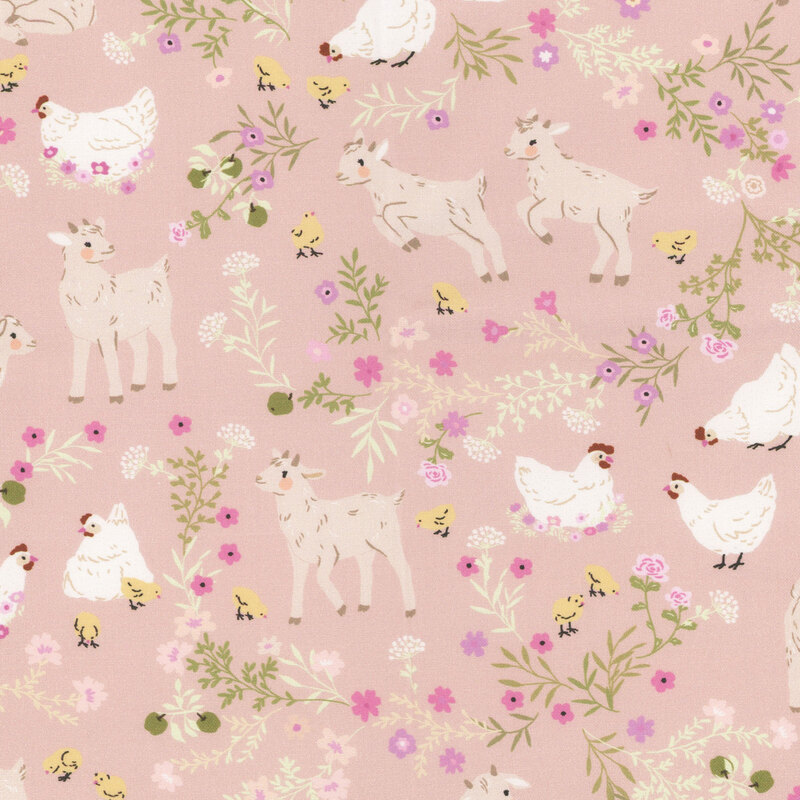 Goats, chickens, chicks, and flowers on a rose pink background.