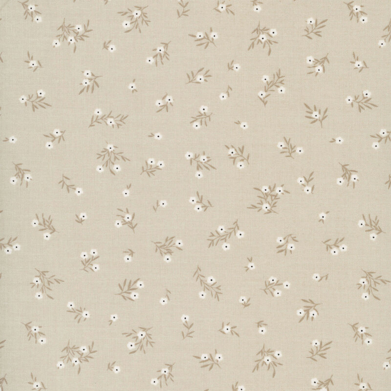 Small white flowers tossed on a khaki green background.