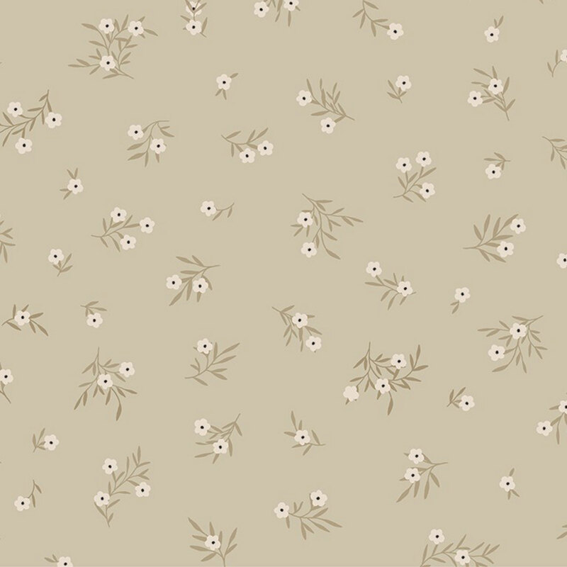 Small white flowers tossed on a khaki green background.