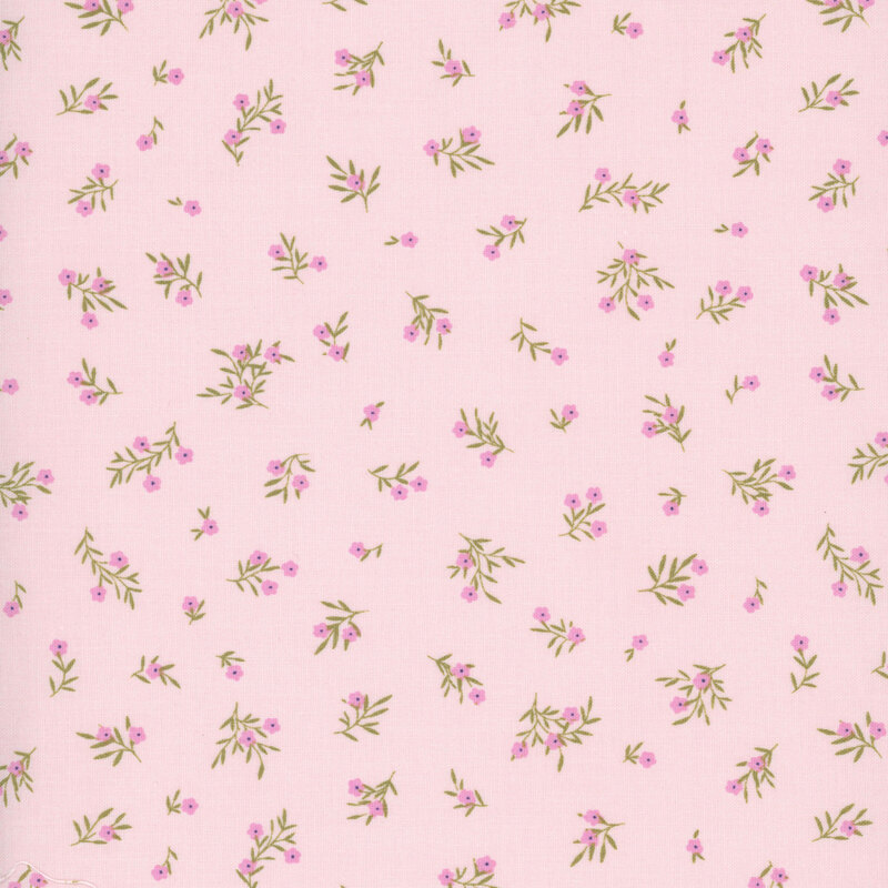 Small, bright pink flowers tossed on a light pink background.