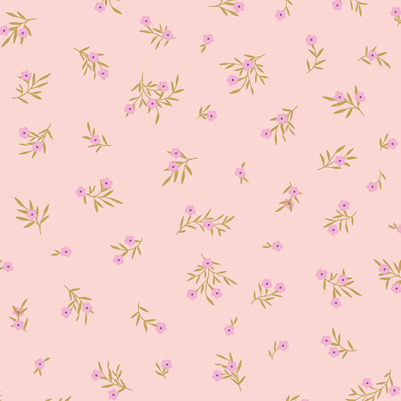 Small, bright pink flowers tossed on a pale rose background.